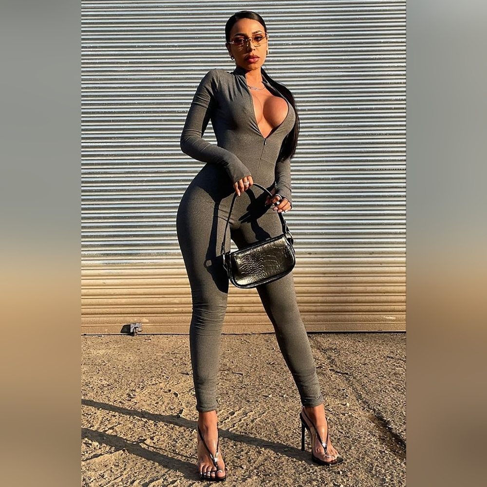 Fashion Nova Houston Hottie Thumbhole Bodycon Charcoal Jumpsuit 3X